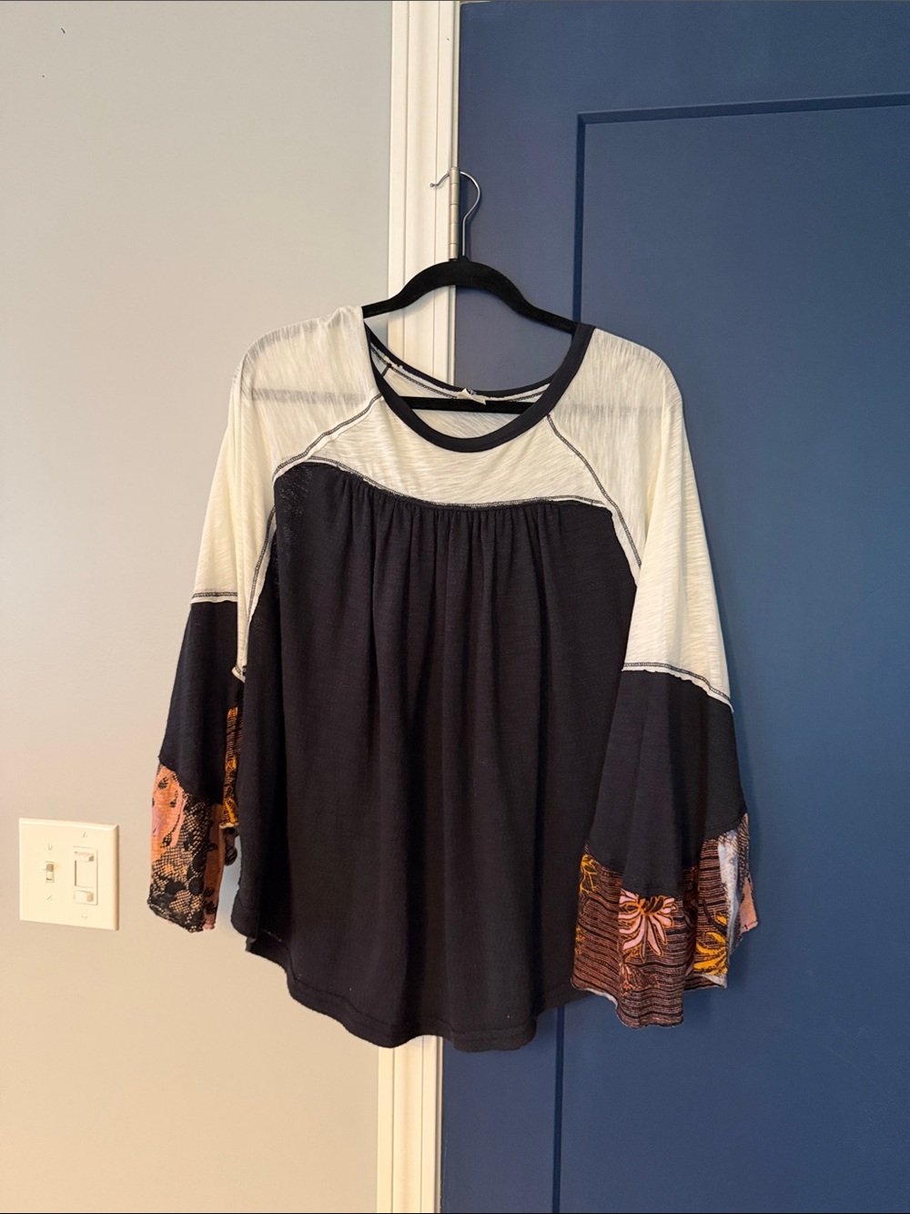 We The Free Black and Cream Bell Sleeve Tunic with Patterned Cuffs boho flowy